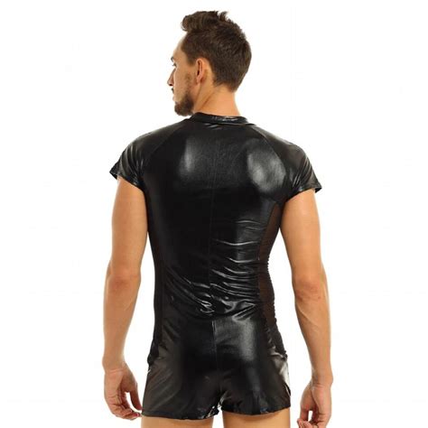Mens Wetlook Patent Leather Bodysuit Sexy Side Sheer Mesh Front Zipper Jumpsuit Male Gay Latex