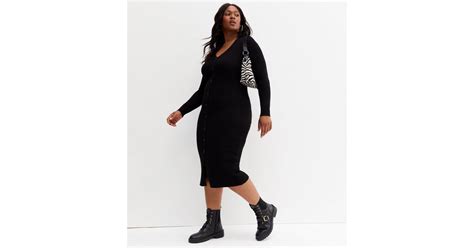 Curves Black Ribbed Knit Button Front Midi Polo Dress New Look