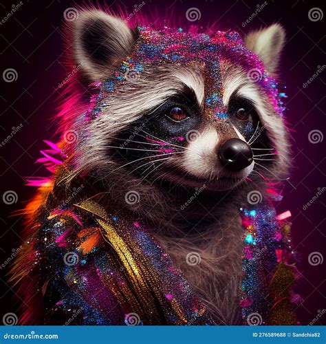 Realistic Lifelike Raccoon In Disco Neon Glitter Bright Outfits