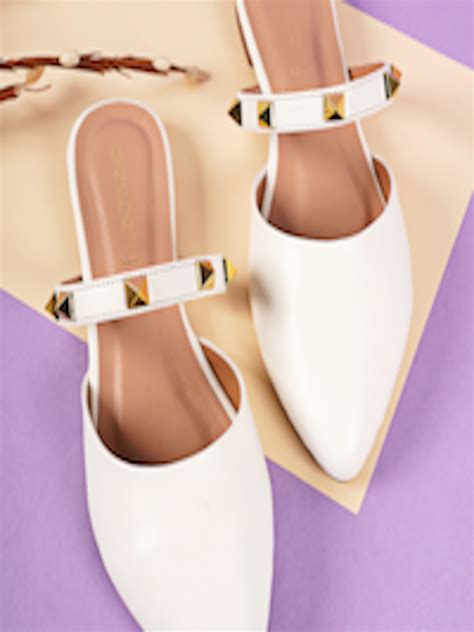 Buy DressBerry Women White Gold Toned Pointed Toe Embellished Mules