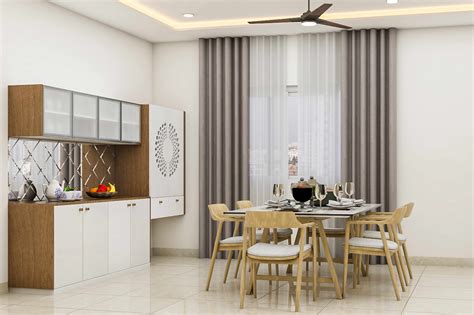 Spacious Dining Hall Design With A Wooden Crockery Unit Livspace