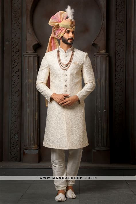 Classy Cream Embroidered Art Silk Wedding Wear Indo Western Sherwani