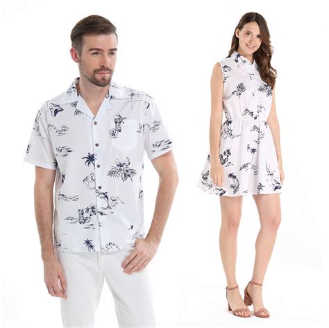 Couple Matching Hawaiian Luau Cruise Outfit Shirt Dress Classic Map