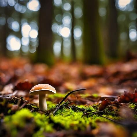 Grande Cogumelo No Musgo No Ch O Da Floresta Pequenos Cogumelos Ao Lado