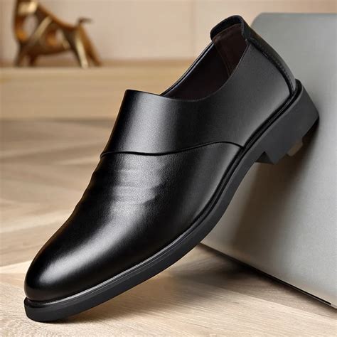 Men S Leather Shoes Luxury Brand Genuine Fashion Business Dress Loafers Pointy Black Oxford