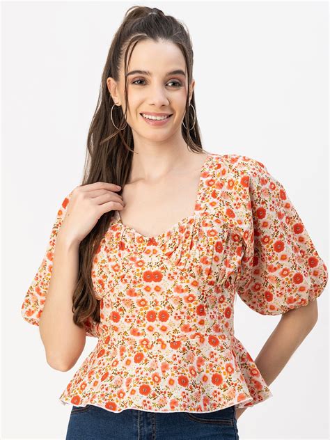 Buy Moomaya Square Neck Floral Print Puff Sleeve Cotton Peplum Top