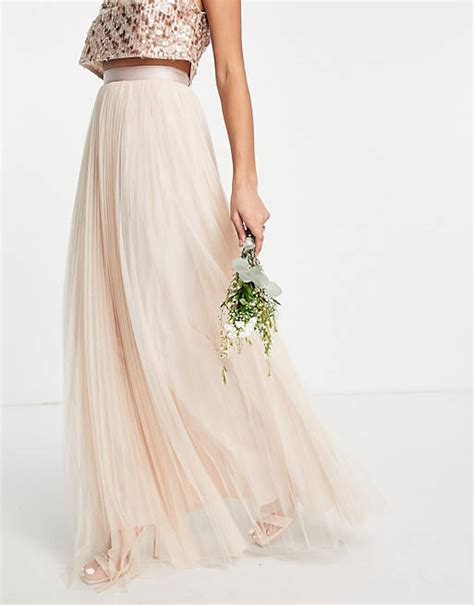 Asos Design Bridesmaid Pleated Tulle Maxi Skirt With Ribbon Waist In