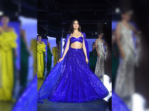 Janhvi Kapoor Ramp Walk Wearing Blue Shimmery Lehnga Bawal Actress Shows Curvy Figure In