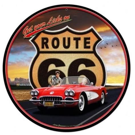 Plaque Tole Paisse Route Et Corvette Cabriolet Rouge Usa