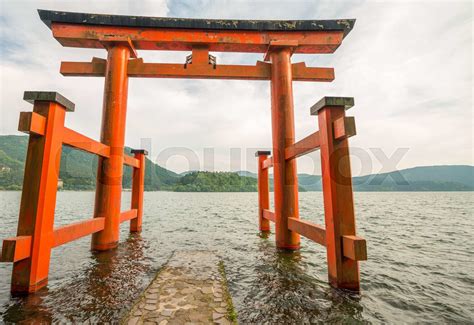 Famous Shrine Of Hakone Over The Waters Of Lake Ashi Japan Stock