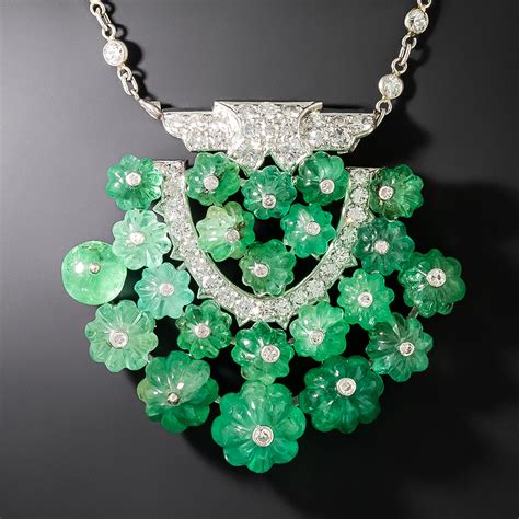 Estate Carved Emerald And Diamond Necklace