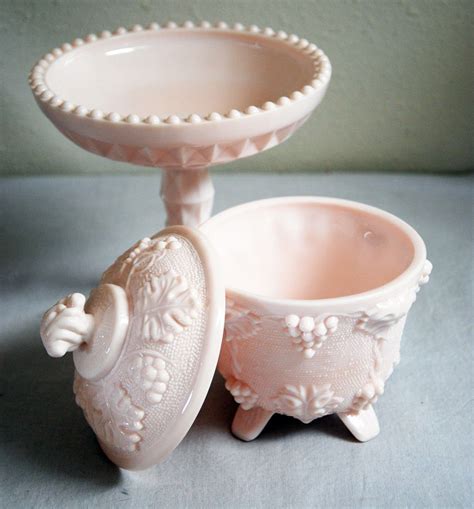 Pretty In Pink Milk Glass Covered Candy Dish And Compote Milk Glass