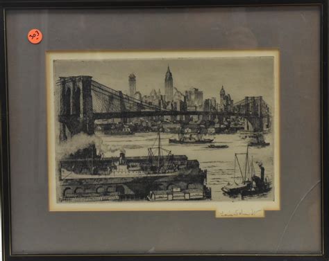 Sold Price: Pencil Signed Etching of The Brooklyn Bridge - Invalid date EDT