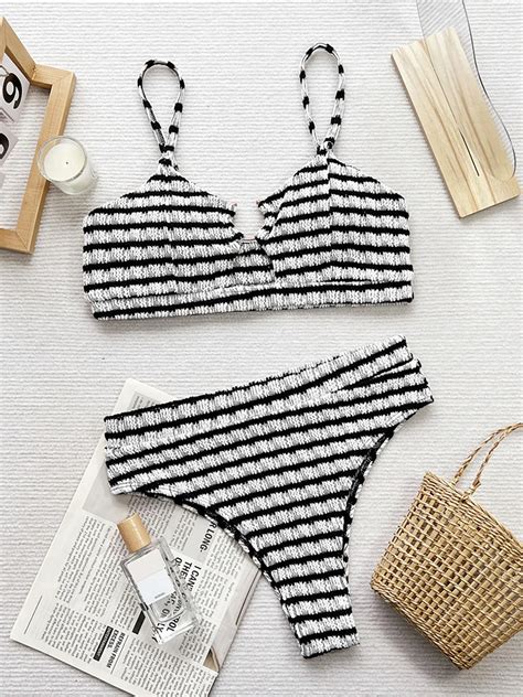 New Black White Striped Cut Out Female Swimsuit High Waist Bikini Women Swimwear Two Pieces