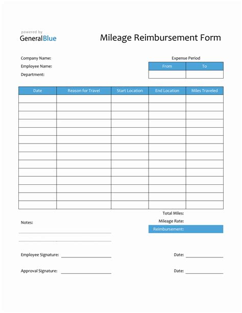 Mileage Reimbursement Form In Pdf Blue