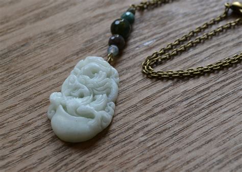 Carved jade dragon pendant necklace Oriental necklace