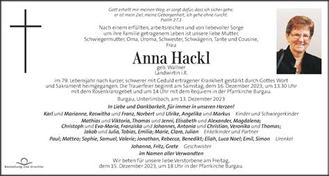 Traueranzeigen Von Anna Hackl Trauer Kleinezeitung At