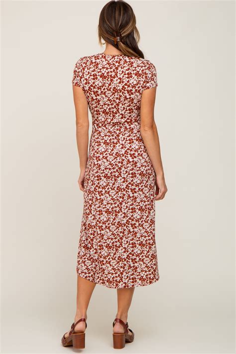 Rust Floral Wrap Front Ruched Hi Low Midi Dress Pinkblush