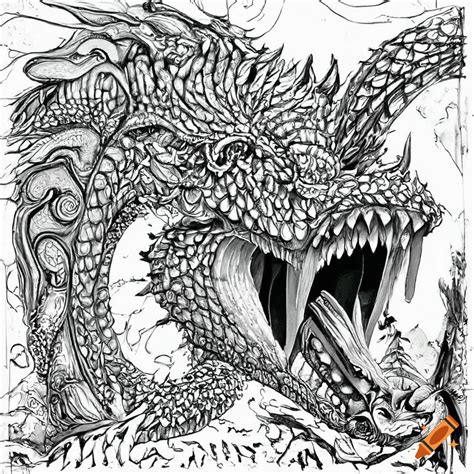 Coloring Page For Adults Dragon White Background Style Of Giger On