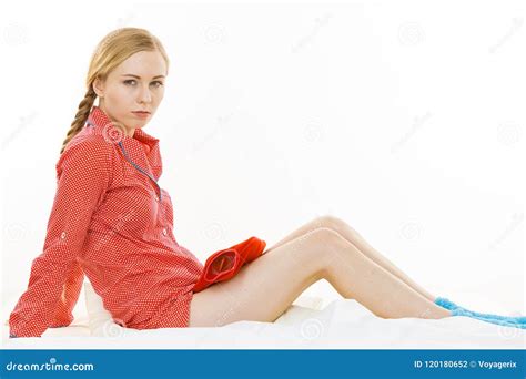 Woman Holding Warm Red Hot Water Bottle Stock Photo Image Of Rubbing Holding 120180652