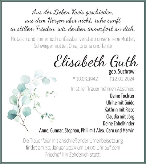 Traueranzeigen von Elisabeth Guth Märkische Onlinezeitung Trauerportal