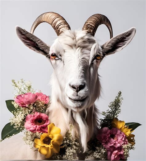 Premium AI Image Beautiful Cool Goat Portrait With Flowers On Head