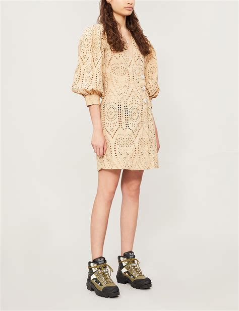 Ganni Broderie Anglaise Cotton Mini Dress In Natural Lyst