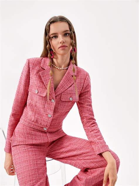 SHEIN X Becci Sobretudos Impressão xadrez Pescoço de lapela Tweed