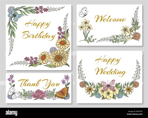 Botanic Card With Wild Flowers Leaves Collection Ornaments For