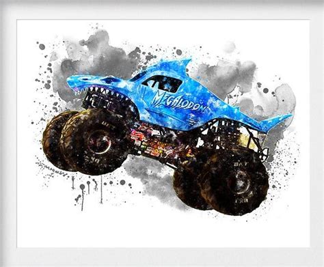 Megalodon Art Print Monster Truck Poster Watercolor Megaladon Etsy Canada