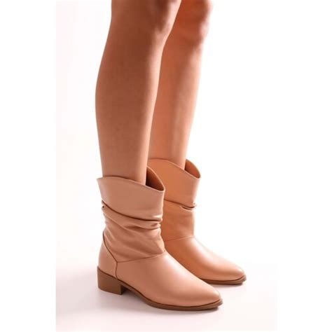 Shoeberry Women S Archie Nude Skin Bellows Flat Heeled Boots Nude Skin
