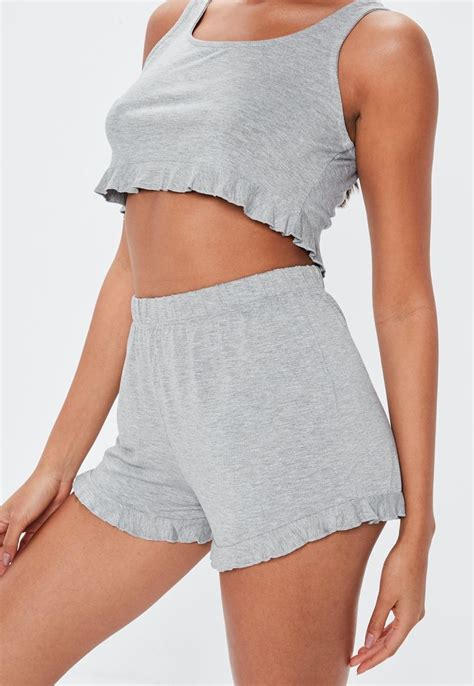 Missguided Gray Frill Crop Vest Short Pyjama Set Short Pajama Set