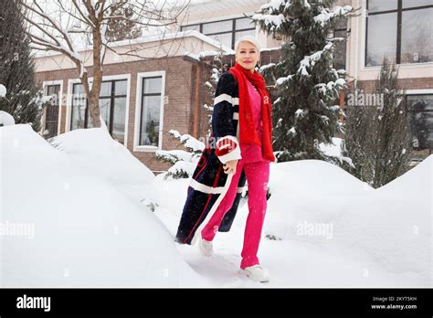 Fashionable Mature Woman Near Winter Villa House Wealthy Stylish And