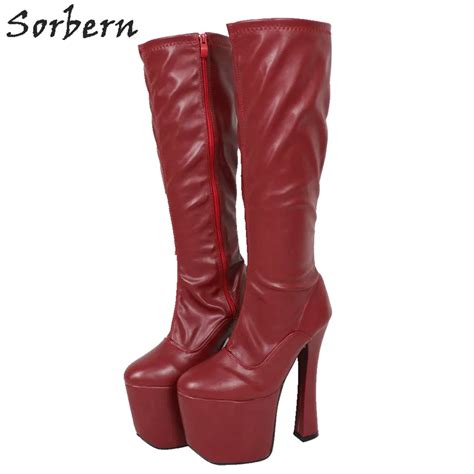 Sorbern Wine Red Block Heel Boots Women 20cm Extreme High Heels Knee High Thick Platform