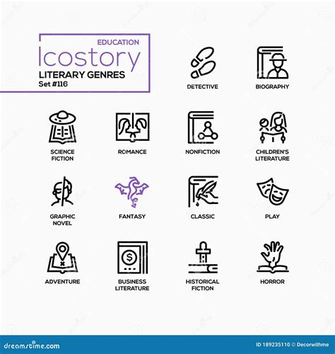 Literary Genres Line Design Style Icons Set Stock Vector