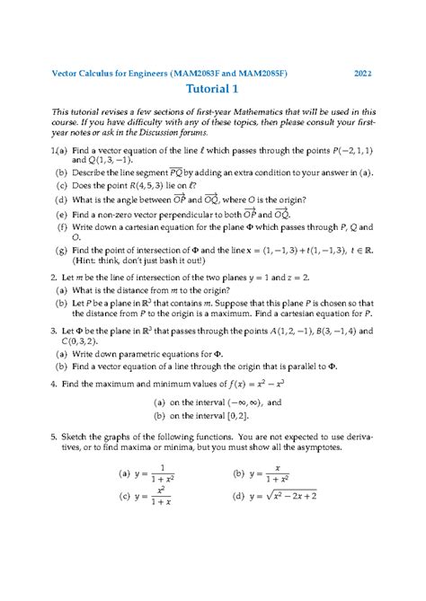 Tut01 2022 Mam2085 Tut 1 Vector Calculus For Engineers Mam2083f And Mam2085f 2022 Tutorial