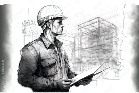 Concept Drawing Of An Architect Holding A Blueprint Against An