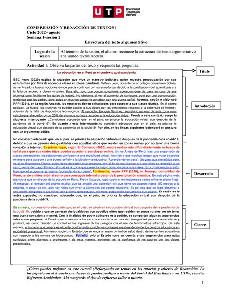 S01 S2 Material Estructura Del Texto Argumentativo 2022 Agosto ComprensiÓn Y RedacciÓn De