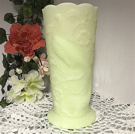 1970 S FENTON ART GLASS Yellow Satin Custard Flower Vase Peacock Floral