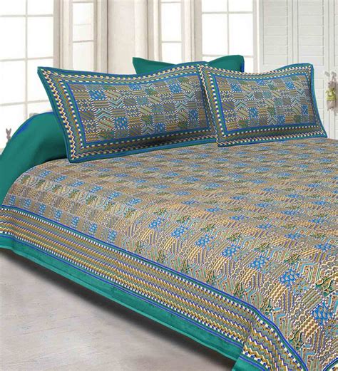 Buy Green Traditional 240 Tc Cotton 1 Double Queen Size Bedsheet With 2