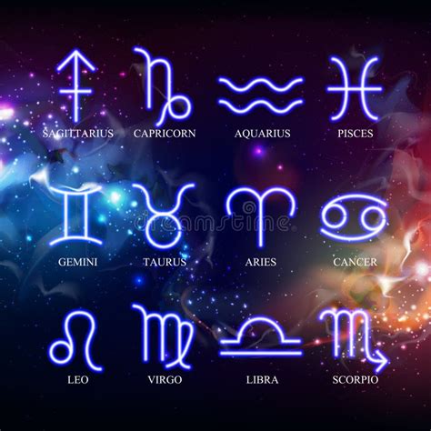 Set Of Astrology Neon Zodiac Signs On Outer Space Background Vector