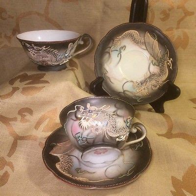 Vintage Shofu China Moriage Dragon Tea Cups And Saucers Made In