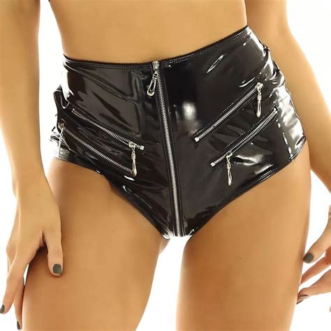 Kaufe Sexy Faux Latex Mini Shorts Frauen Hohe Taille Gl Nzende