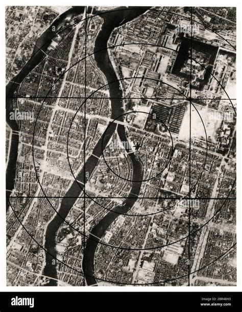 Aerial view of the city of Hiroshima, Japan, with the aiming point of the atomic bomb 1945 ...