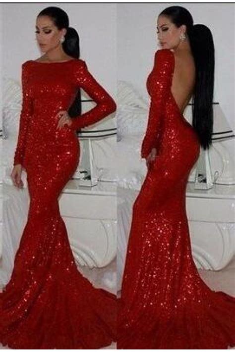 Mermaid Long Sleeves Sparkle Red Long Prom Dress Formal Evening Dresses