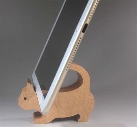 Wooden Cat Shaped Mobile Phone Ipad Holder Stand Wooden Cell Phone