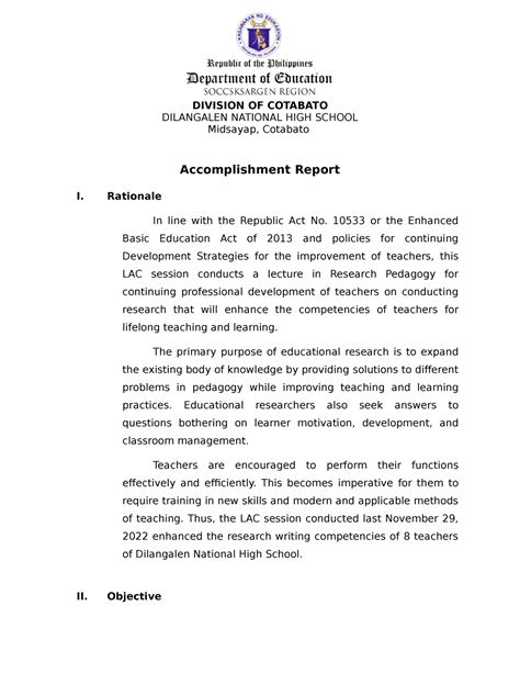 Narrative Report Lac Session Division Of Cotabato Dilangalen National