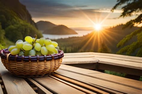 Uma Cesta De Uvas Em Uma Varanda Um P R Do Sol Ao Fundo Foto Premium