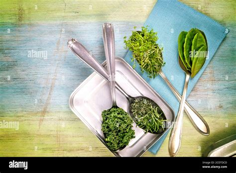 Vitamins Various Herbs On Spoons Stock Photo Alamy