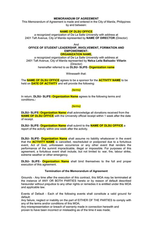Memorandum Of Agreement Name Of Dlsu Office By And Between